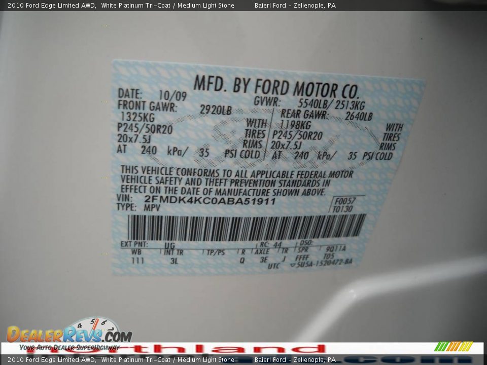 2010 Ford Edge Limited AWD White Platinum Tri-Coat / Medium Light Stone Photo #12