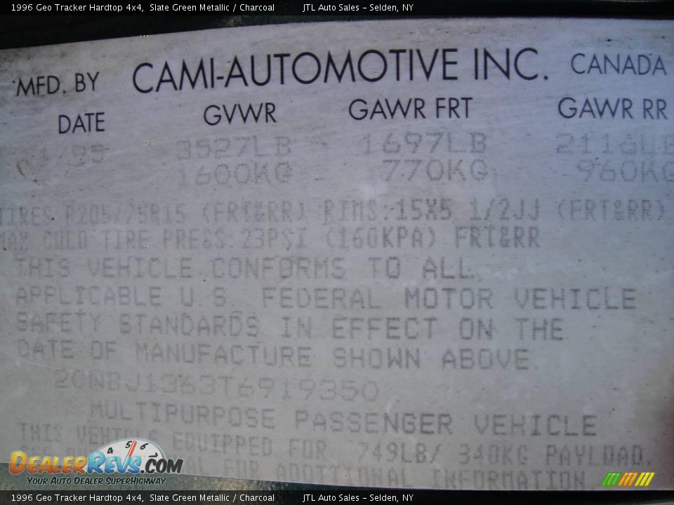 Info Tag of 1996 Geo Tracker Hardtop 4x4 Photo #16