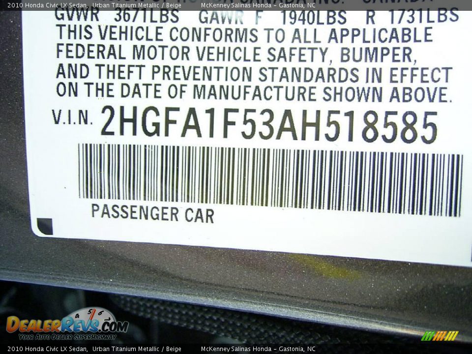 2010 Honda Civic LX Sedan Urban Titanium Metallic / Beige Photo #10