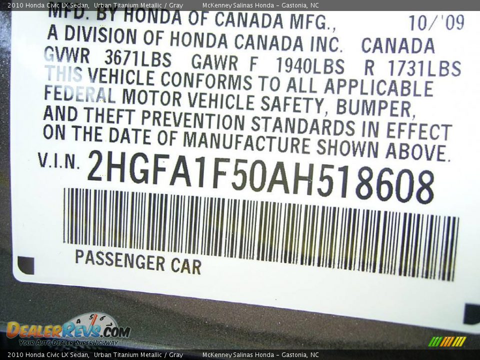 2010 Honda Civic LX Sedan Urban Titanium Metallic / Gray Photo #10