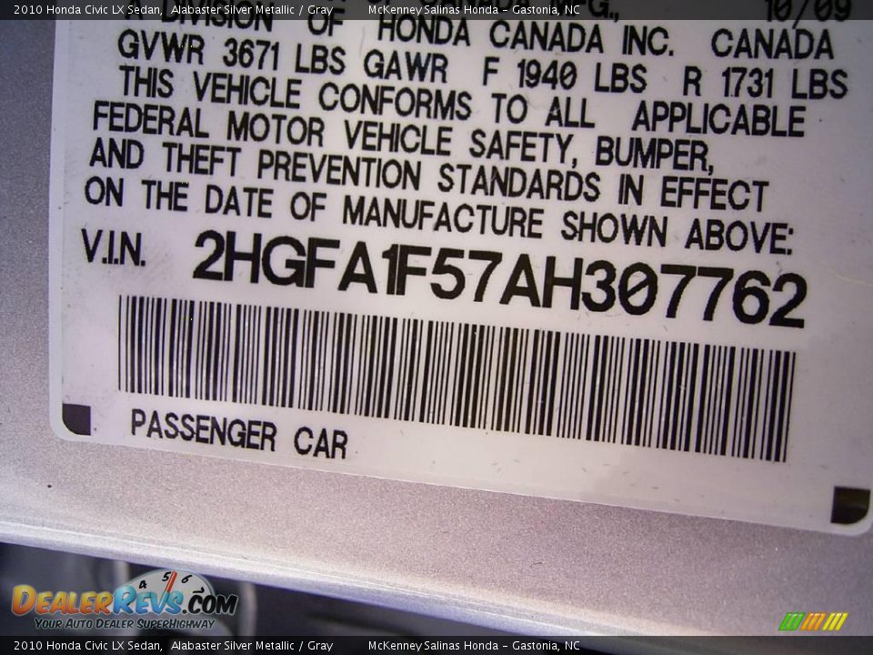 2010 Honda Civic LX Sedan Alabaster Silver Metallic / Gray Photo #11