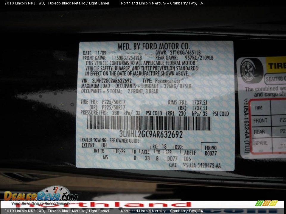 2010 Lincoln MKZ FWD Tuxedo Black Metallic / Light Camel Photo #9