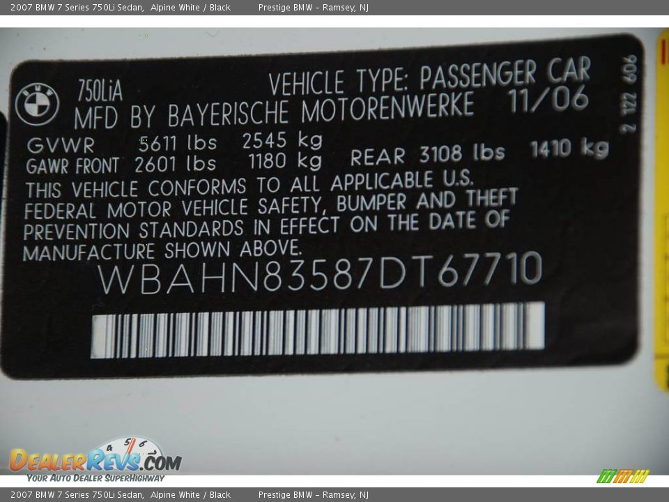 2007 BMW 7 Series 750Li Sedan Alpine White / Black Photo #9