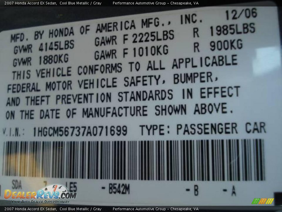 2007 Honda Accord EX Sedan Cool Blue Metallic / Gray Photo #25
