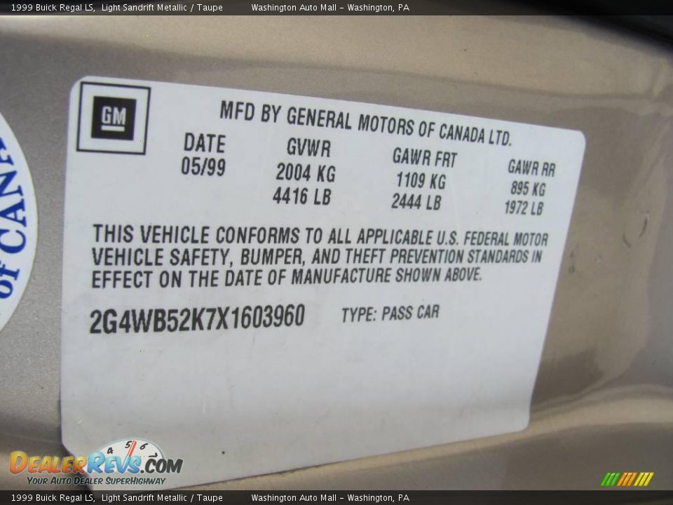 1999 Buick Regal LS Light Sandrift Metallic / Taupe Photo #19