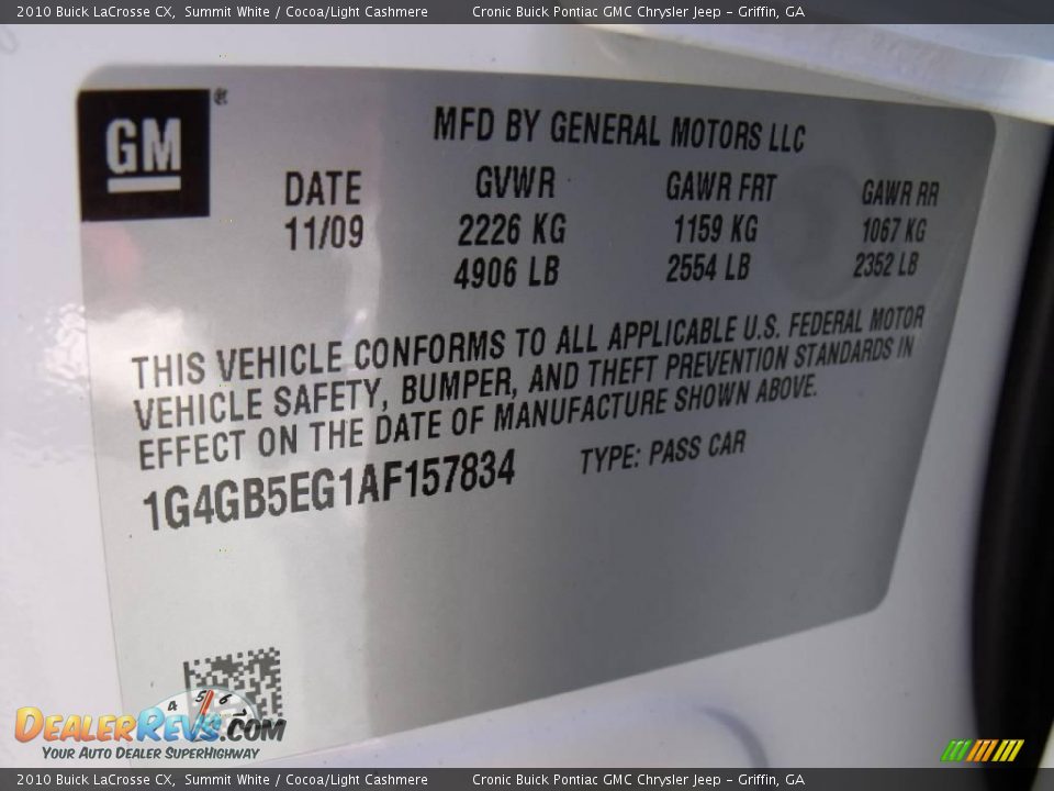 2010 Buick LaCrosse CX Summit White / Cocoa/Light Cashmere Photo #17