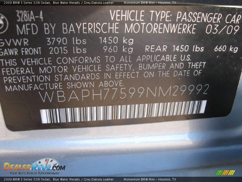 2009 BMW 3 Series 328i Sedan Blue Water Metallic / Grey Dakota Leather Photo #14