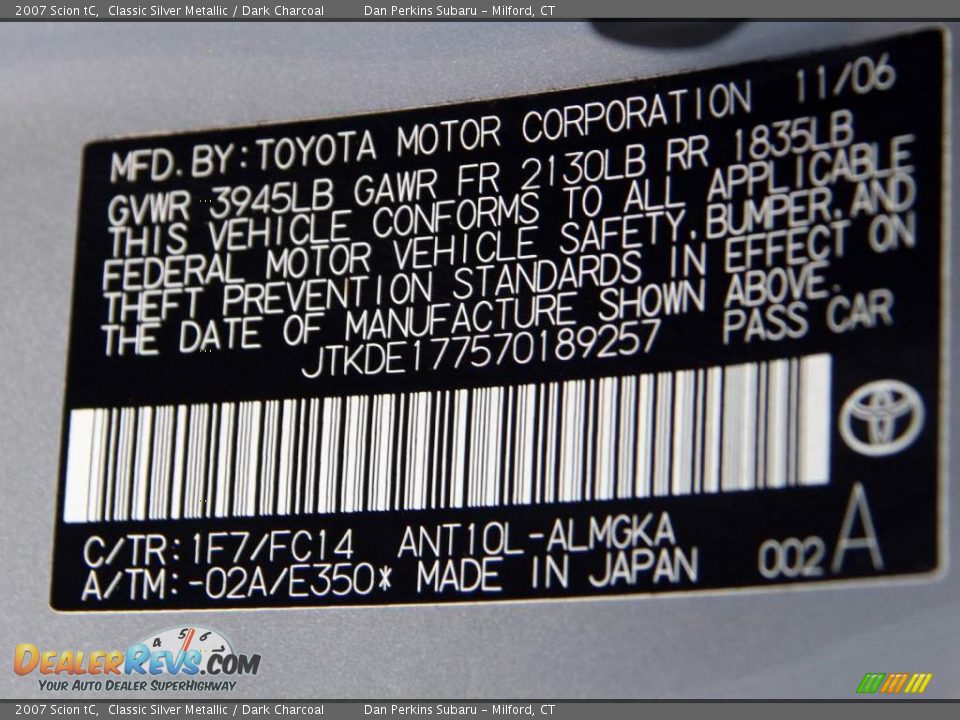 2007 Scion tC Classic Silver Metallic / Dark Charcoal Photo #25