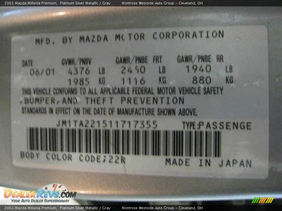 2001 Mazda Millenia Premium Platinum Silver Metallic / Gray Photo #25
