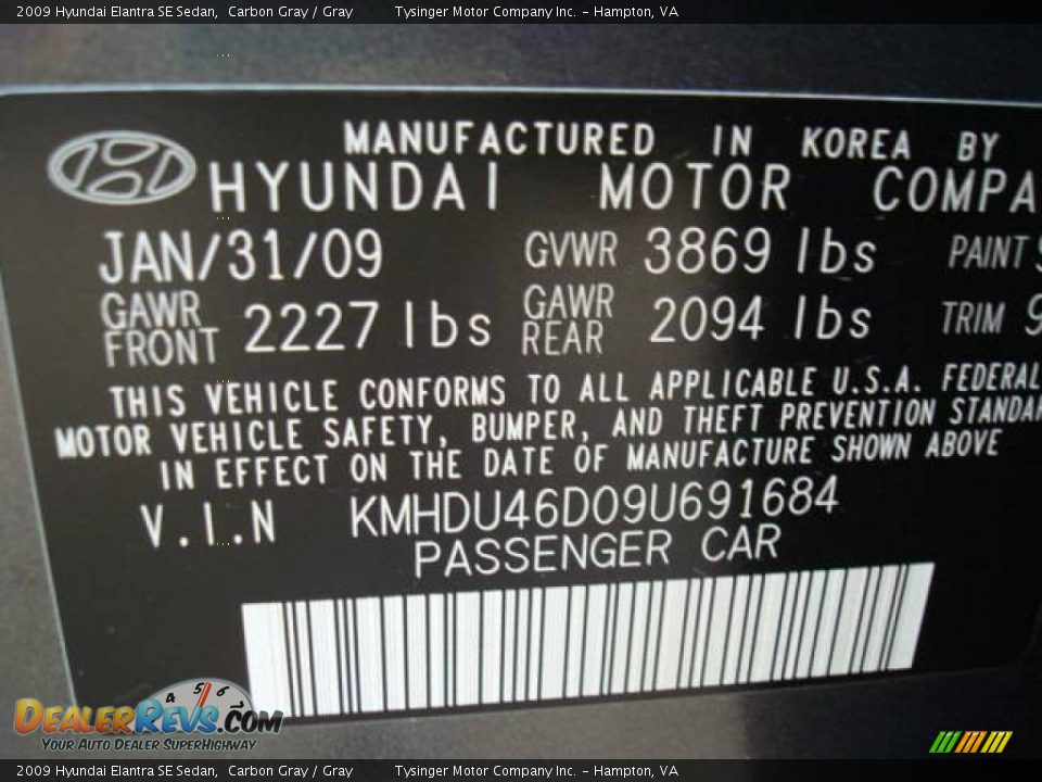 2009 Hyundai Elantra SE Sedan Carbon Gray / Gray Photo #25