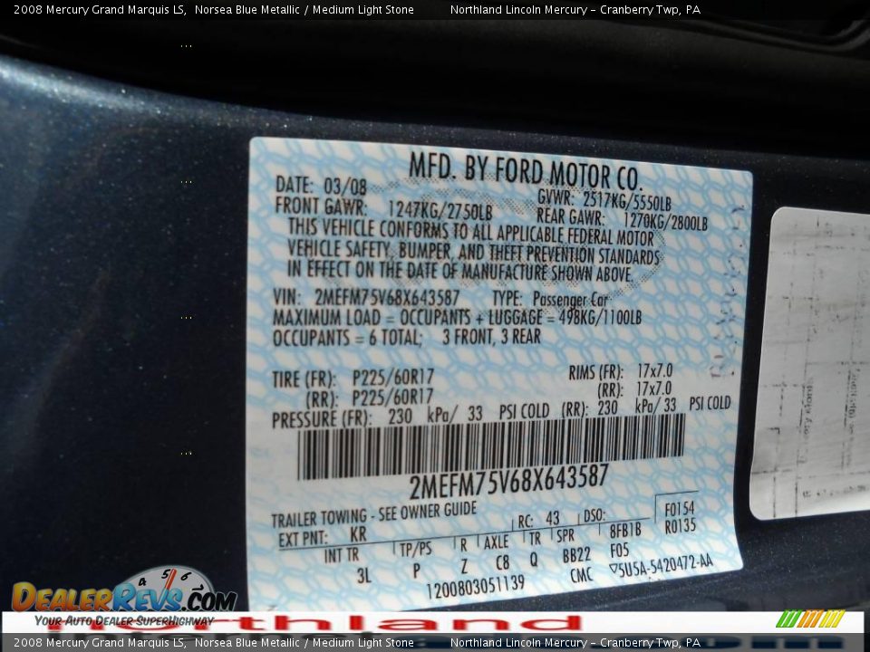 2008 Mercury Grand Marquis LS Norsea Blue Metallic / Medium Light Stone Photo #9