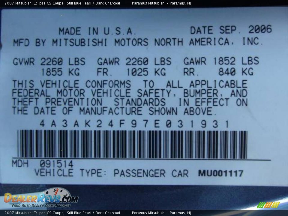 2007 Mitsubishi Eclipse GS Coupe Still Blue Pearl / Dark Charcoal Photo #16