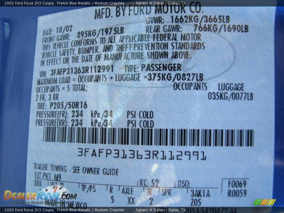 2003 Ford Focus ZX3 Coupe French Blue Metallic / Medium Graphite Photo #22