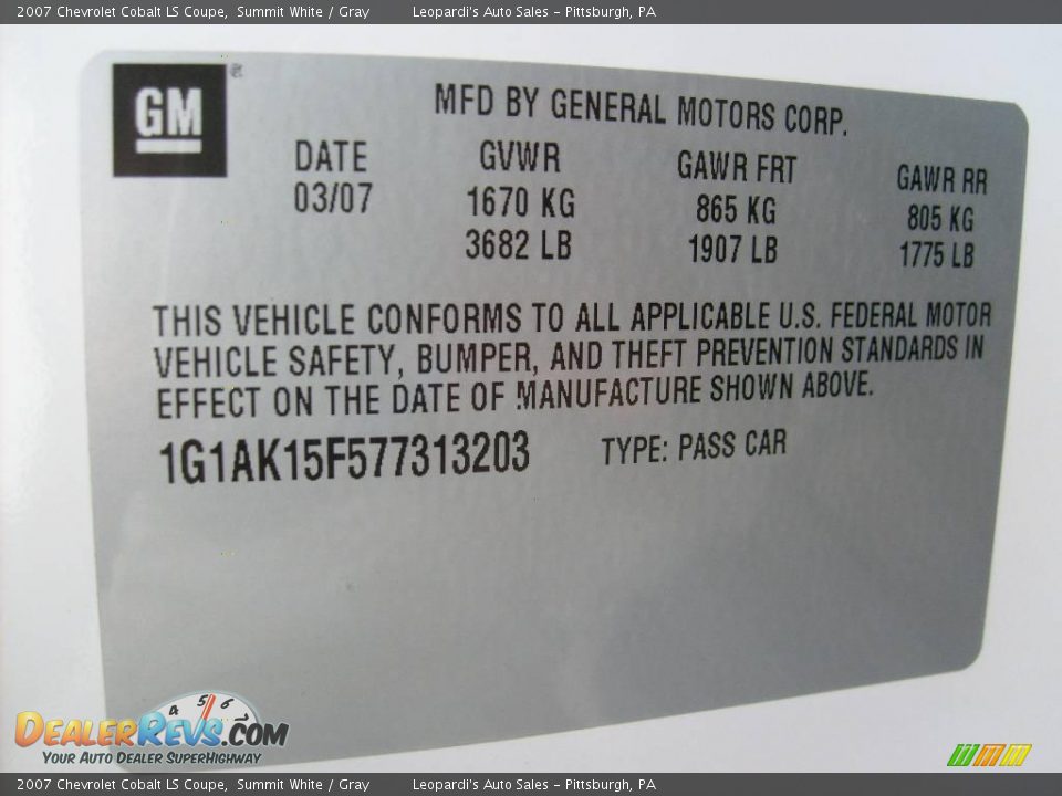 2007 Chevrolet Cobalt LS Coupe Summit White / Gray Photo #13