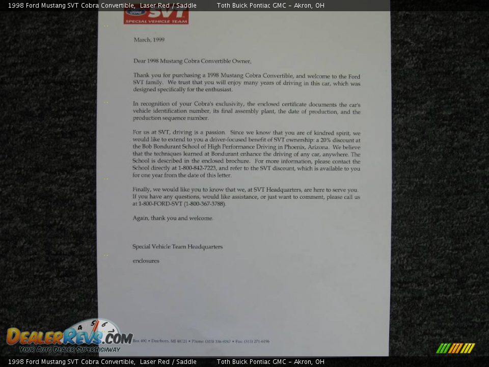 1998 Ford Mustang SVT Cobra Convertible Laser Red / Saddle Photo #25