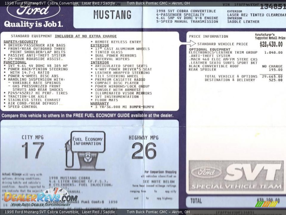 1998 Ford Mustang SVT Cobra Convertible Laser Red / Saddle Photo #27