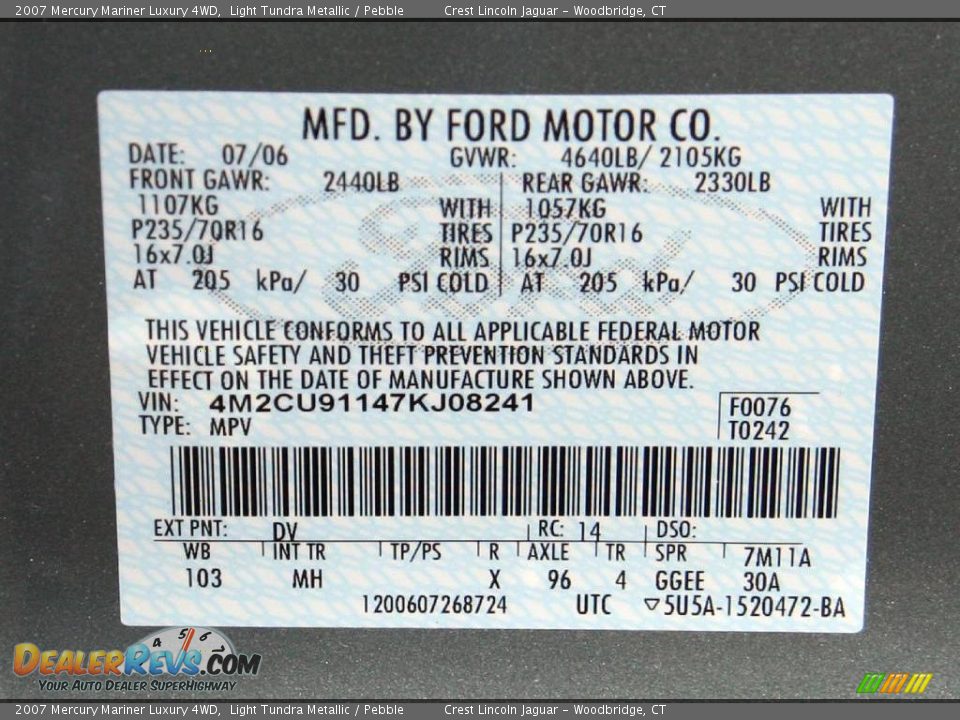 2007 Mercury Mariner Luxury 4WD Light Tundra Metallic / Pebble Photo #20