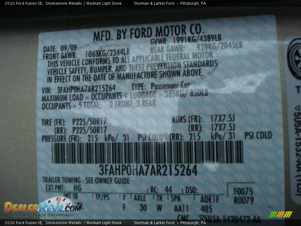 2010 Ford Fusion SE Smokestone Metallic / Medium Light Stone Photo #19