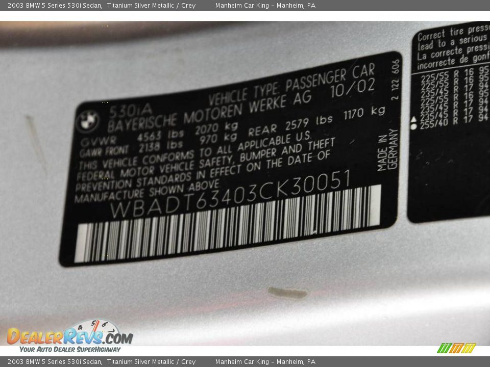 2003 BMW 5 Series 530i Sedan Titanium Silver Metallic / Grey Photo #12