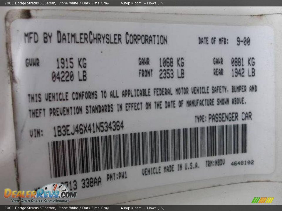 2001 Dodge Stratus SE Sedan Stone White / Dark Slate Gray Photo #14