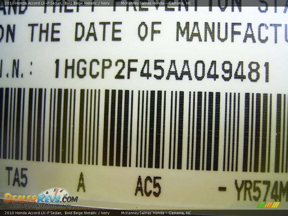 2010 Honda Accord LX-P Sedan Bold Beige Metallic / Ivory Photo #9