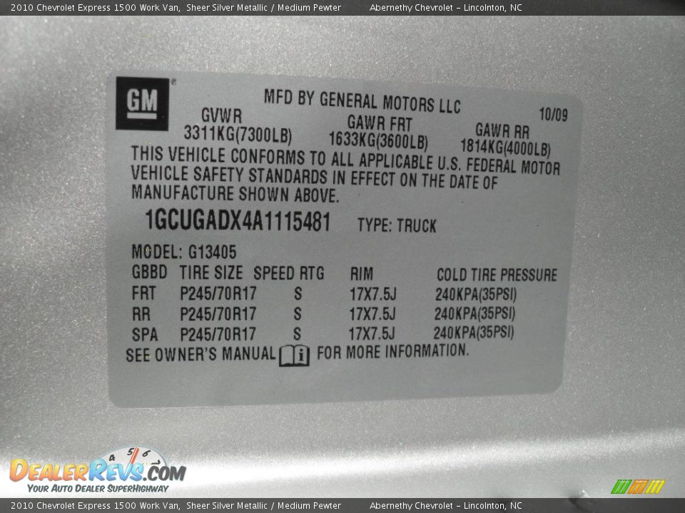 2010 Chevrolet Express 1500 Work Van Sheer Silver Metallic / Medium Pewter Photo #11