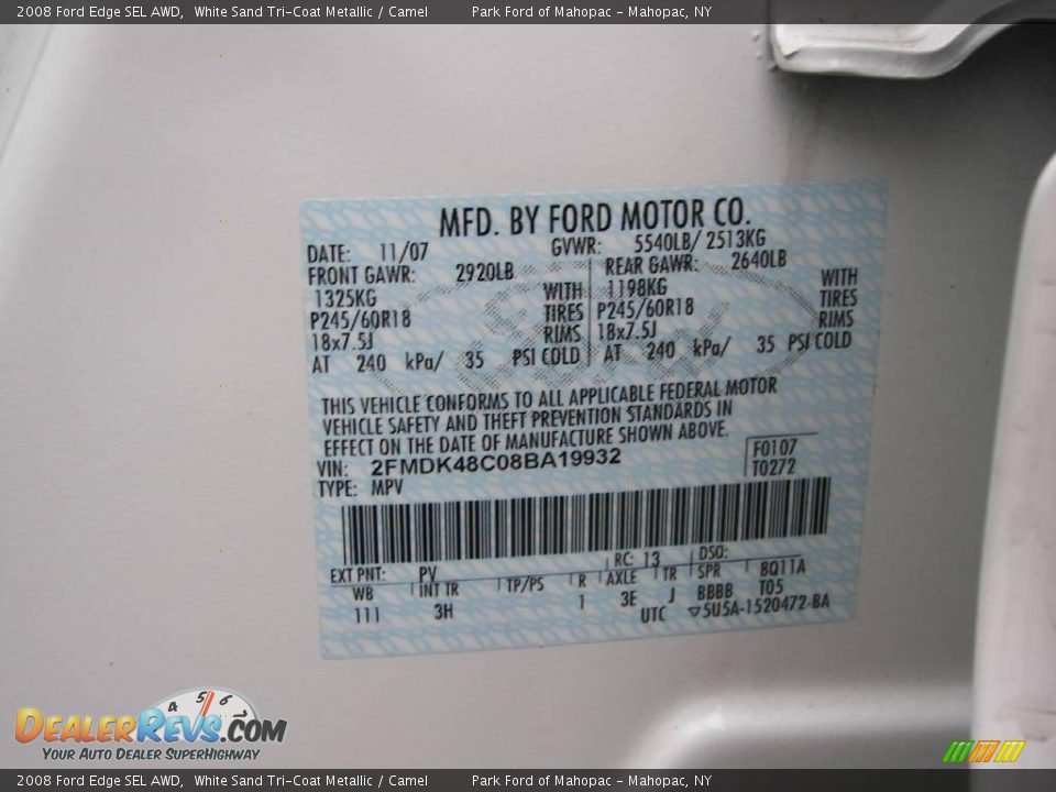 2008 Ford Edge SEL AWD White Sand Tri-Coat Metallic / Camel Photo #10