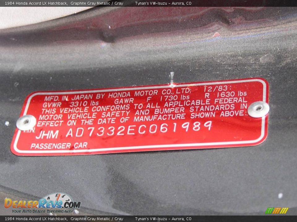 1984 Honda Accord LX Hatchback Graphite Gray Metallic / Gray Photo #21