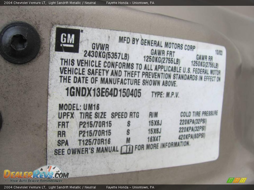 2004 Chevrolet Venture LT Light Sandrift Metallic / Neutral Photo #19