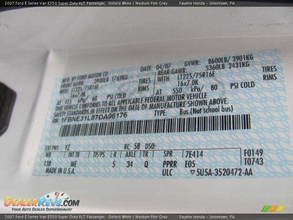2007 Ford E Series Van E350 Super Duty XLT Passenger Oxford White / Medium Flint Grey Photo #20