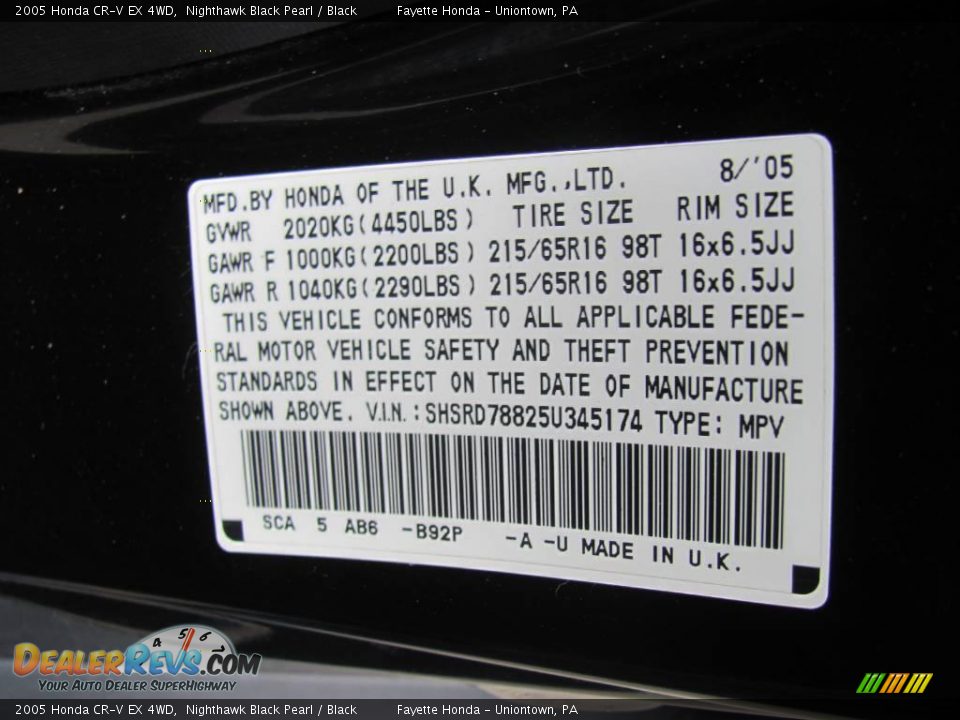2005 Honda CR-V EX 4WD Nighthawk Black Pearl / Black Photo #19