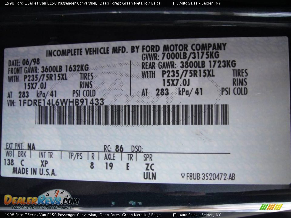 1998 Ford E Series Van E150 Passenger Conversion Deep Forest Green Metallic / Beige Photo #17