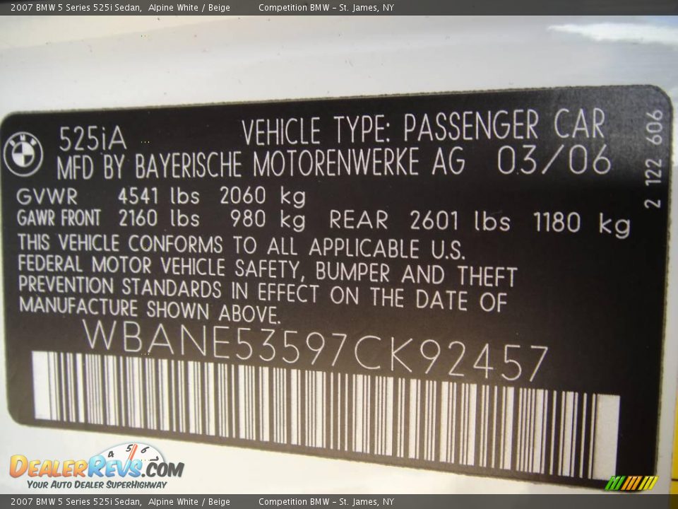2007 BMW 5 Series 525i Sedan Alpine White / Beige Photo #15