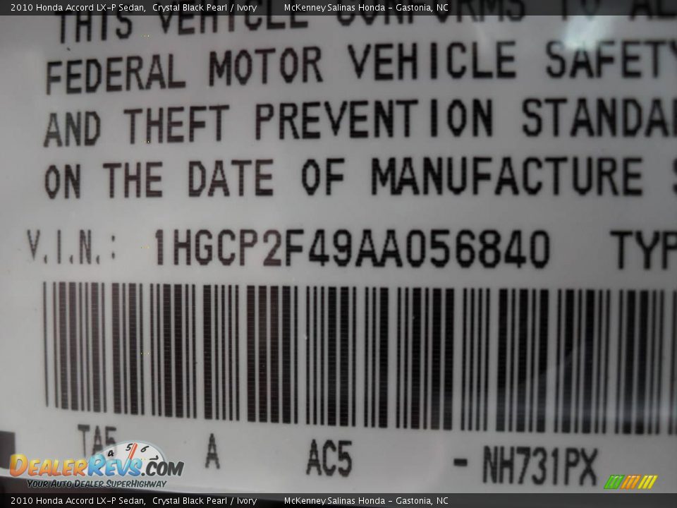 2010 Honda Accord LX-P Sedan Crystal Black Pearl / Ivory Photo #10