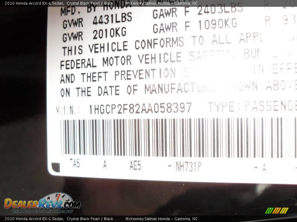 2010 Honda Accord EX-L Sedan Crystal Black Pearl / Black Photo #10