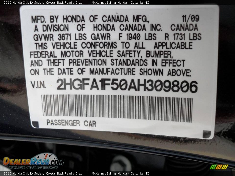 2010 Honda Civic LX Sedan Crystal Black Pearl / Gray Photo #10