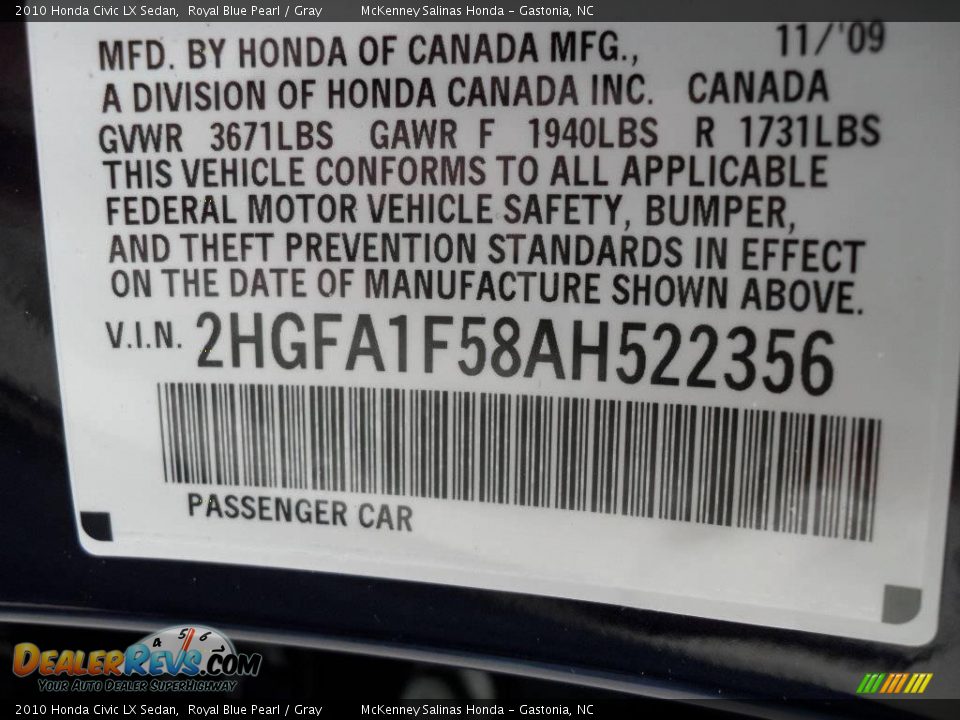 2010 Honda Civic LX Sedan Royal Blue Pearl / Gray Photo #9