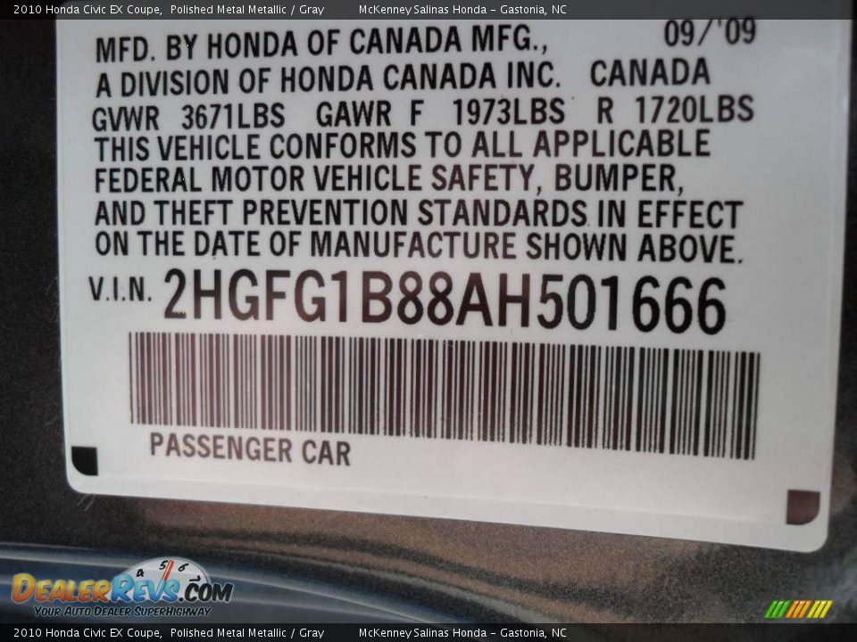 2010 Honda Civic EX Coupe Polished Metal Metallic / Gray Photo #10