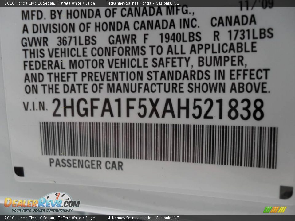 2010 Honda Civic LX Sedan Taffeta White / Beige Photo #10