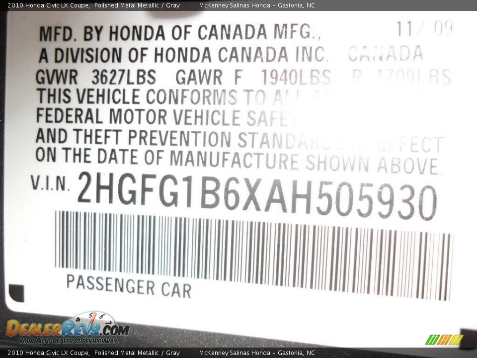 2010 Honda Civic LX Coupe Polished Metal Metallic / Gray Photo #11