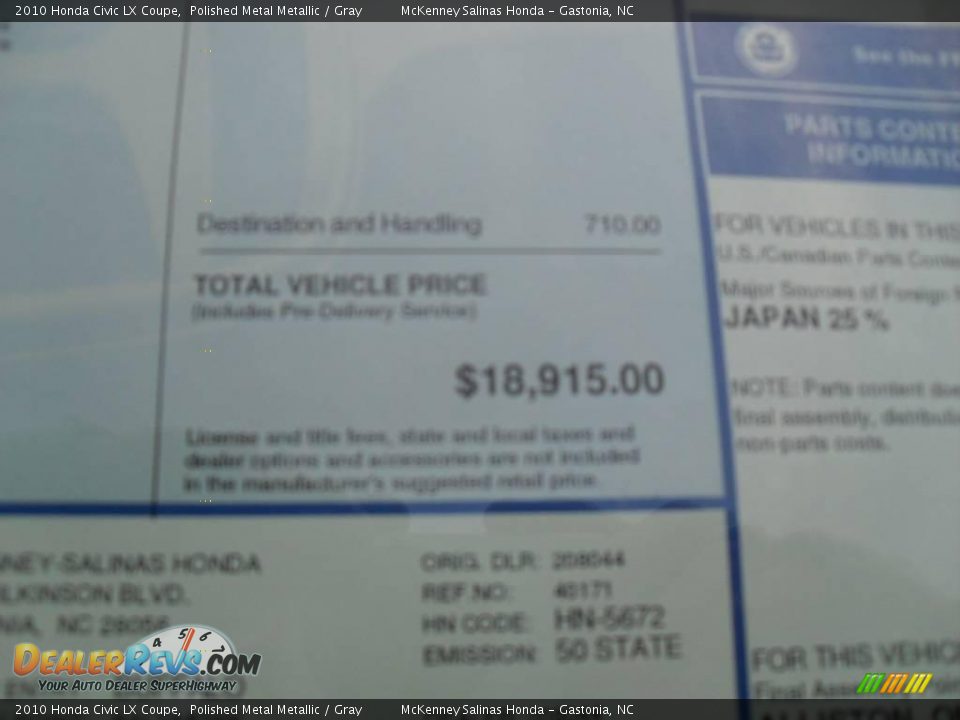 2010 Honda Civic LX Coupe Polished Metal Metallic / Gray Photo #20