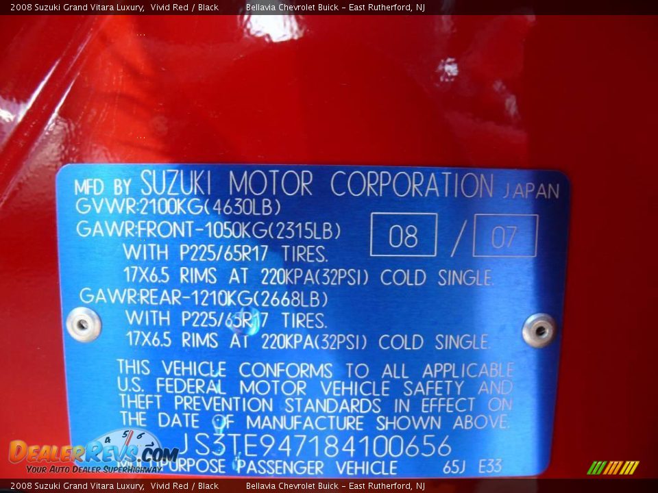2008 Suzuki Grand Vitara Luxury Vivid Red / Black Photo #15