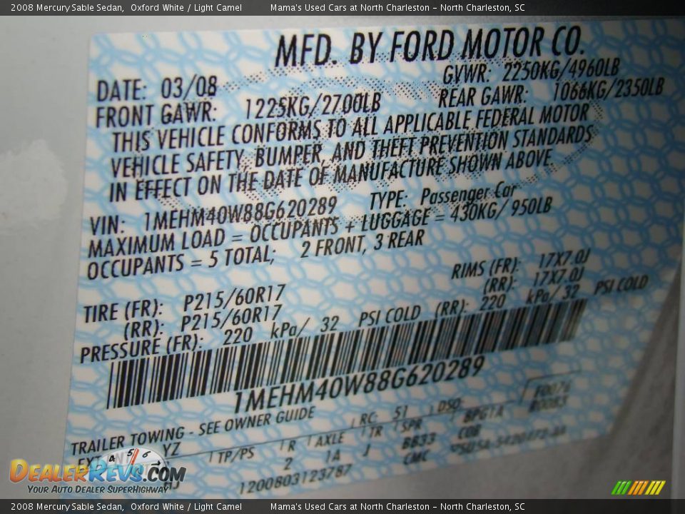 2008 Mercury Sable Sedan Oxford White / Light Camel Photo #27