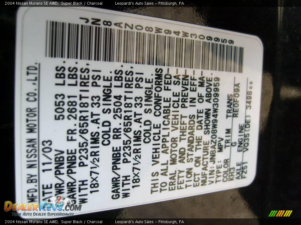 2004 Nissan Murano SE AWD Super Black / Charcoal Photo #13