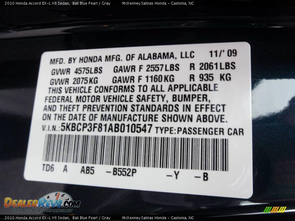 2010 Honda Accord EX-L V6 Sedan Bali Blue Pearl / Gray Photo #7
