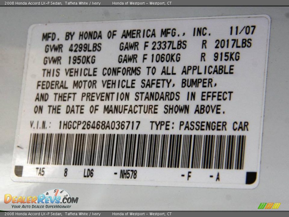 2008 Honda Accord LX-P Sedan Taffeta White / Ivory Photo #25