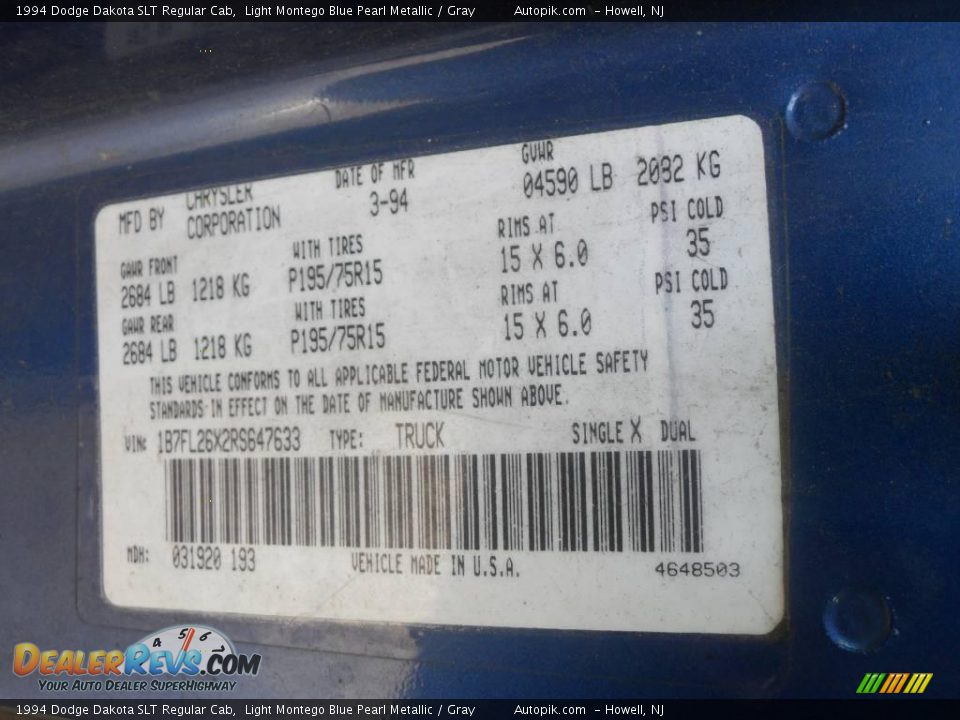 1994 Dodge Dakota SLT Regular Cab Light Montego Blue Pearl Metallic / Gray Photo #12