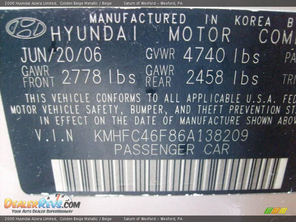 2006 Hyundai Azera Limited Golden Beige Metallic / Beige Photo #18