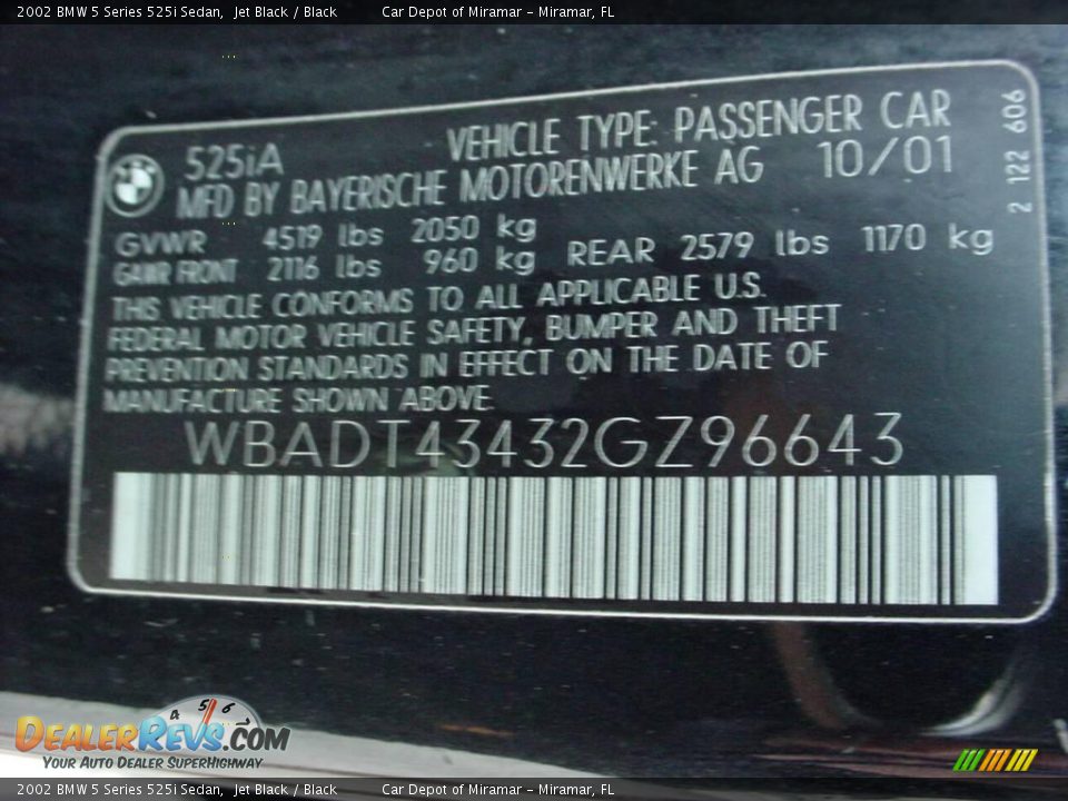 2002 BMW 5 Series 525i Sedan Jet Black / Black Photo #20