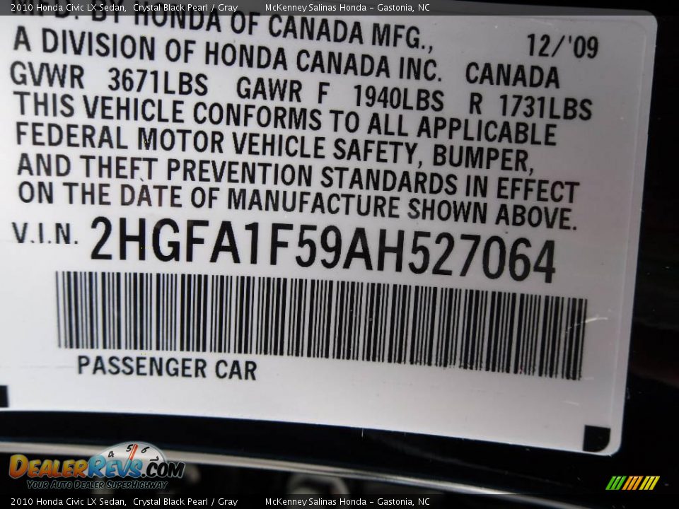 2010 Honda Civic LX Sedan Crystal Black Pearl / Gray Photo #10